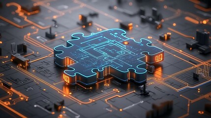 Poster - Close up view of abstract futuristic puzzle pieces glowing in vibrant neon blue and orange hues interconnected with intricate circuit like details set against a tech inspired background