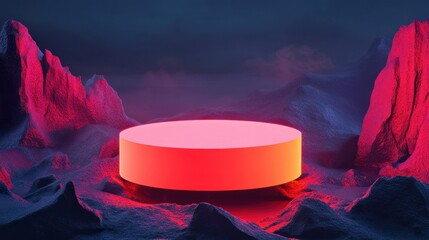 Poster - Futuristic Circular Platform Surrounded by Dramatic Mountain Landscape and Neon Lighting Effects in an Ethereal and Dreamlike Atmosphere