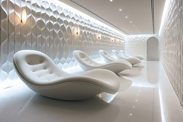 Poster - A tranquil hair isolation space featuring sleek white loungers and soothing ambient lighting designed for relaxation