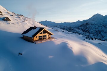 Wall Mural - This image features a charming wooden lodge set against a pristine snowy landscape, with the warm glow of sunset illuminating the serene winter scene.