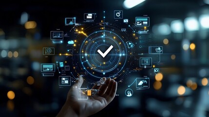 Leinwandbilder - A hand holding a sleek futuristic glowing interface with a central checkmark icon surrounded by symbols of and against a dark background with striking blue and yellow highlights