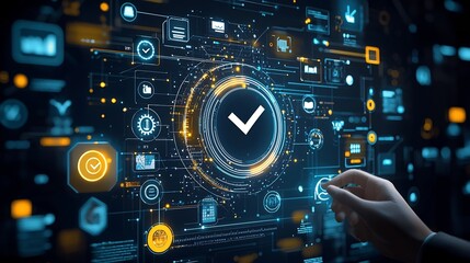 Leinwandbilder - Glowing High Tech Digital Interface with Checkmark Icon Surrounded by Certification and Symbols on Dark Background with Blue and Yellow Accents
