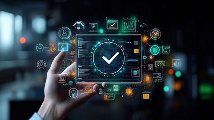 Leinwandbilder - A hand holding a futuristic glowing digital interface with a central checkmark icon surrounded by and symbols set against a sophisticated dark backdrop with vibrant color accents