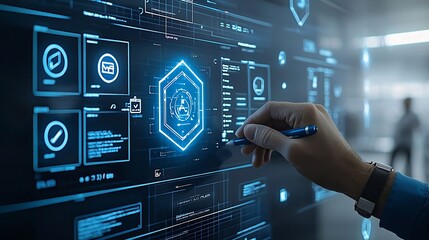 Aufkleber - Business professional interacting with a bright futuristic holographic digital interface that displays assurance icons checklist boxes and document control tools