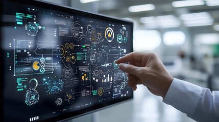 Fototapete - Futuristic business scene featuring a hand holding a digital panel with checklist icons for document control and compliance  Businessman digitally confirming assurance and regulatory processes