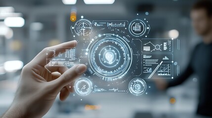 Aufkleber - Glowing holographic interface held in a hand displaying assurance and document control checklist icons with a subtle background featuring a man wearing a black shirt