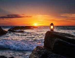 Wall Mural - An oil lantern sits on a rocky shore against a dramatic orange sunset sky while waves crash against the coastline in the background.