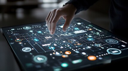 Poster - Hand grasping a glowing holographic panel filled with checklist icons representing document control and compliance with a subtle image of a man in a black shirt in the backdrop