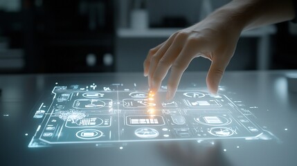 Poster - A hand grasping a glowing holographic panel filled with checklist icons representing document control and compliance processes with a subtle image of a man in a black shirt in the backdrop