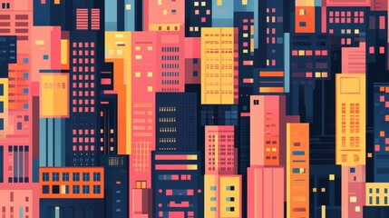 Poster - Vibrant Cityscape Illustration Featuring Colorful Buildings in a Modern Abstract Style, Perfect for Urban, Digital, and Graphic Design Projects