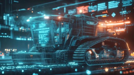 Poster - Futuristic Digital Excavator with Neon Glow and Data Visualization in Advanced Technology Environment