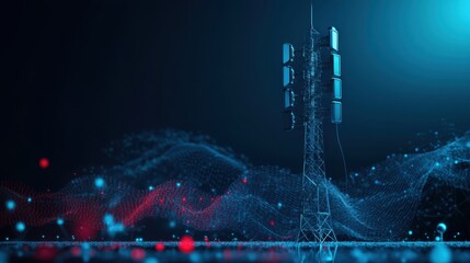 Poster - Tower of telecommunications against a dark background with glowing blue and red digital waves representing data transmission and connectivity in modern society