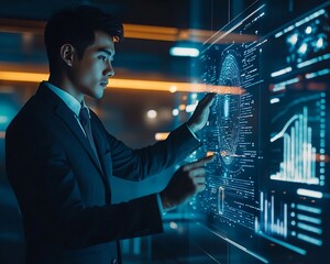 Poster - business executive consulting glowing assistant hologram for financial portfolio optimization