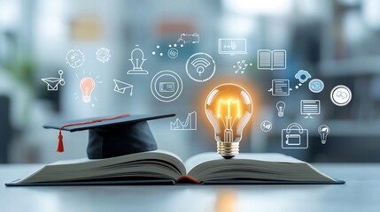 Poster - Illuminating Knowledge A glowing lightbulb symbolizing ideas resting on an open book with a graduation hat surrounded by education related icons representing e learning and digital courses