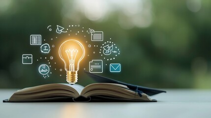 Poster - Glowing lightbulb resting on an open book with a graduation hat surrounded by education related icons representing e learning and digital courses against a dreamy bokeh background symbolizing ideas