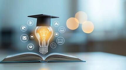 Poster - A radiant lightbulb resting on an open graduation book encircled by icons for e learning and digital course achievements all highlighted by a soft dreamy bokeh lighting in the background