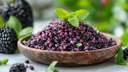 Wall Mural - Close-up of a wooden bowl filled with black rice pudding, garnished with fresh mint and blackberries.