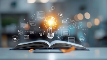 Poster - Conceptual representation of online education with a bright lightbulb atop an open book and a graduation hat surrounded by floating icons for digital courses and e learning