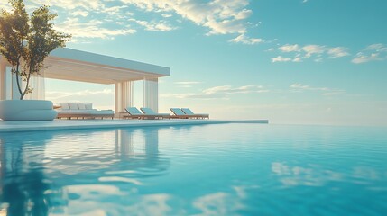 Wall Mural - Modern luxury outdoor pool, clean-lined architecture, sun loungers under a pergola, bright and airy scene with clear reflections on the water, minimalist decor, photorealistic style,