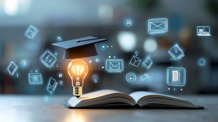 Poster - A radiant educational scene featuring a glowing lightbulb resting on an open book topped by a graduation cap surrounded by floating online learning icons all set in a dreamy