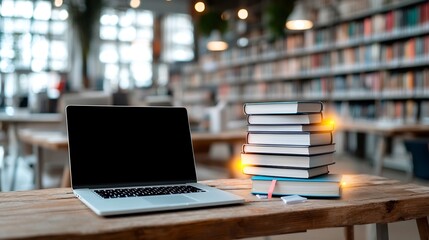 Fototapete - Vibrant digital learning scene showcasing a laptop and a stack of glowing books on a rustic wooden table surrounded by a blurred library ambiance
