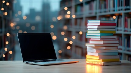 Poster - A stack of radiant books beside a laptop on a wooden table showcasing the merging of digital technology and literature in modern education with a glowing library backdrop