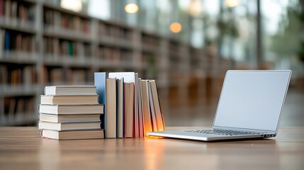 Aufkleber - Glowing pile of books next to a laptop on a wooden table symbolizing the fusion of traditional education and modern technology in a cozy library like setting