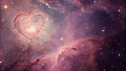 Wall Mural - iridescent nebula-inspired rose gold and purple background with a subtle abstract heart shape, ether