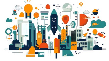 Poster - Abstract cityscape with rocket launching, symbolizing innovation and technological advancement.