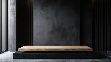 Poster - modern minimalist interior with wooden display platform and dark textured wall in empty room, perfec