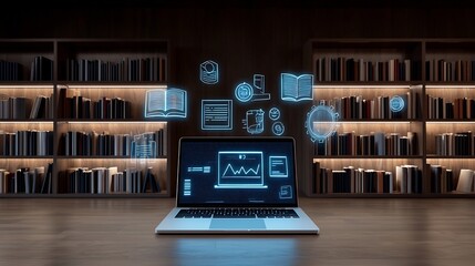 Poster - Digital Education Workspace with Floating Books and Educational Tools Displayed on Laptop Screen Surrounded by Softly Illuminated Bookshelves and Dark Wooden Background