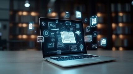 Poster - A vibrant digital workspace featuring a laptop surrounded by floating educational icons books and glowing shelves with dark wooden textures in the background