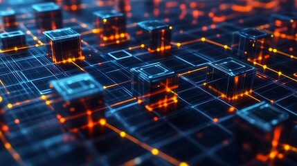 Poster - Illuminated Cubes Connected by Glowing Lines on a Dark Grid