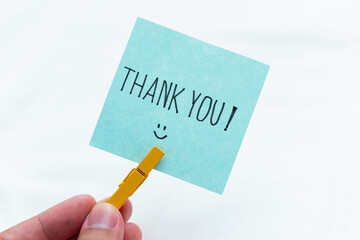 Poster - Thank you gesture in business environment handheld note minimalist setting positive vibes gratitude concept for seo impact