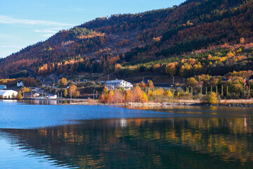 Wall Mural - Orkanger, Norway. Coastal landscape with wooden houses