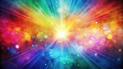 Poster - Abstract cosmic background with glowing rays of light and colorful bokeh effects