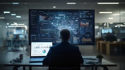 Aufkleber - Glowing Futuristic Data Visualization Interface Projected Above Laptop Displaying Colorful Bar Charts Forecasting Growth from 2020 to 2025 in Dimly Lit Office Workspace