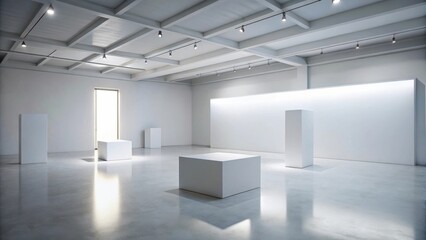 Poster - A minimalist exhibition space featuring blank pedestals and a large blank wall, ready for the display of art or product showcasing.
