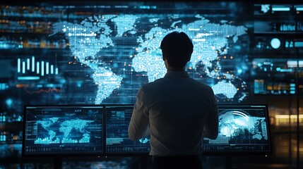 Poster - Analyst Reviewing Global Data Streams on Multiple Monitors