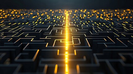 Aufkleber - Captivating abstract 3D of a golden maze with a striking glowing radiant path symbolizing precision strategy and problem solving for creative innovation and breakthrough ideas
