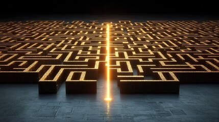Fototapete - Luminous 3D golden maze with a bright glowing line representing the concept of creative ideas and strategic clarity on the journey of innovative problem solving and discovery