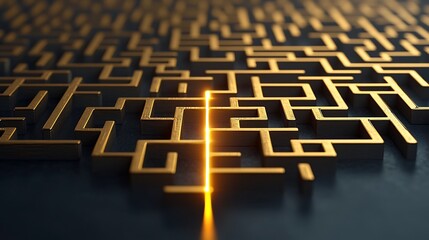 Fototapete - A vibrant golden 3D maze with a glowing radiant line carving an optimal route representing the clarity and strategic focus of creative problem solving and innovative strategies