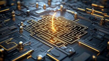 Aufkleber - Radiant 3D maze with intricate golden patterns weaving through a futuristic digital landscape symbolizing the clarity and strategic thinking required for innovative problem solving