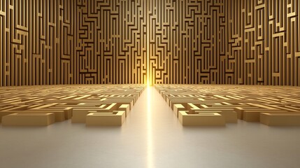 Poster - Radiant 3D Abstract Maze in Golden Tones with a Glowing Line Finding Its Way Through Symbolizing Strategic Clarity and Breakthrough Ideas in Innovative Design