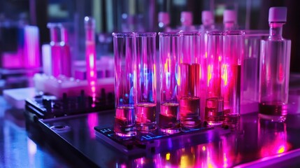 Poster - Pink Illuminated Test Tubes In A Laboratory Setting