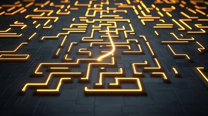 Aufkleber - Luxurious 3D abstract maze with glowing gold patterns and a luminous line tracing the optimal solution