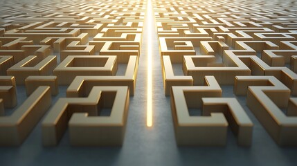 Fototapete - Shimmering 3D golden maze with a radiant path threading through symbolizing clarity in decision making problem solving and the pursuit of innovative ideas  Metaphor for financial strategy