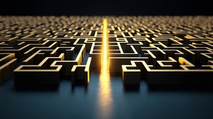 Aufkleber - Striking 3D golden maze with a bright glowing path leading through emphasizing clarity problem solving and the beauty of creative innovation