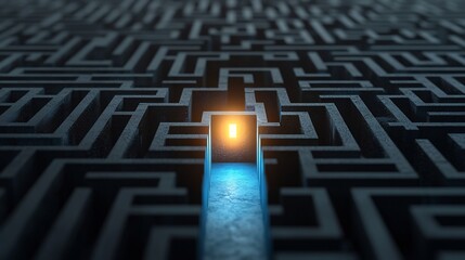 Aufkleber - Luminous Exit Glowing Brightly at the Center of a Captivating Black and Blue Maze Representing the Triumph of Problem Solving and Clarity Over Complexity
