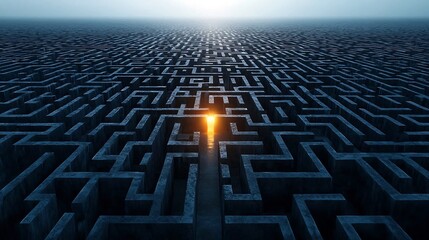 Aufkleber - Glowing exit illuminating a complex black and blue labyrinth representing the journey of problem solving and achieving successful solutions  This abstract